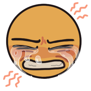 a face with with clenched teeth, flushed cheeks, closed eyes, scrunched eyebrows, and lots of tears running down both sides of their face from pain. On the top right and bottom left of both are light red zigzag marks to indicate pain